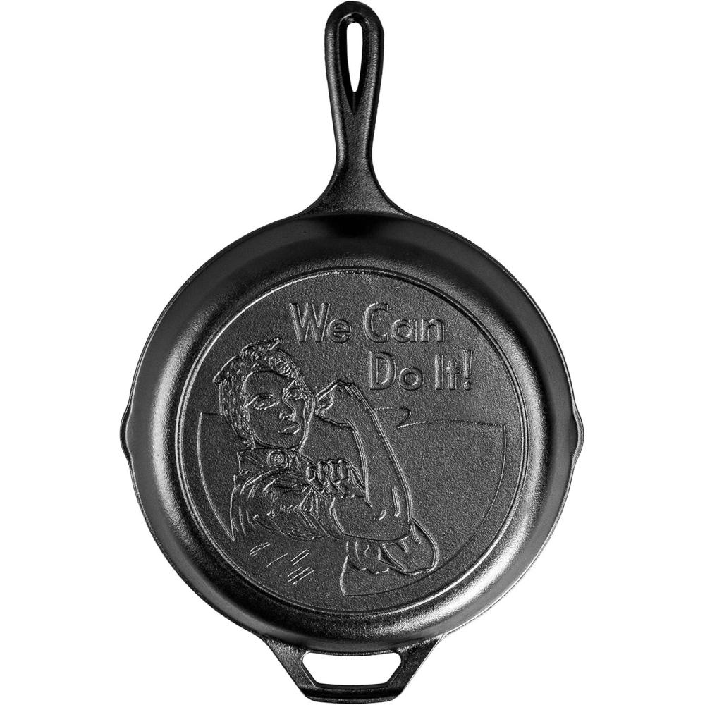imageLodge 1025 Inch PreSeasoned Cast Iron Stamped Skillet  Signature Teardrop Handle  Use in the Oven on the Stove on the Grill or Over a Campfire  Rosie the Riveter1025