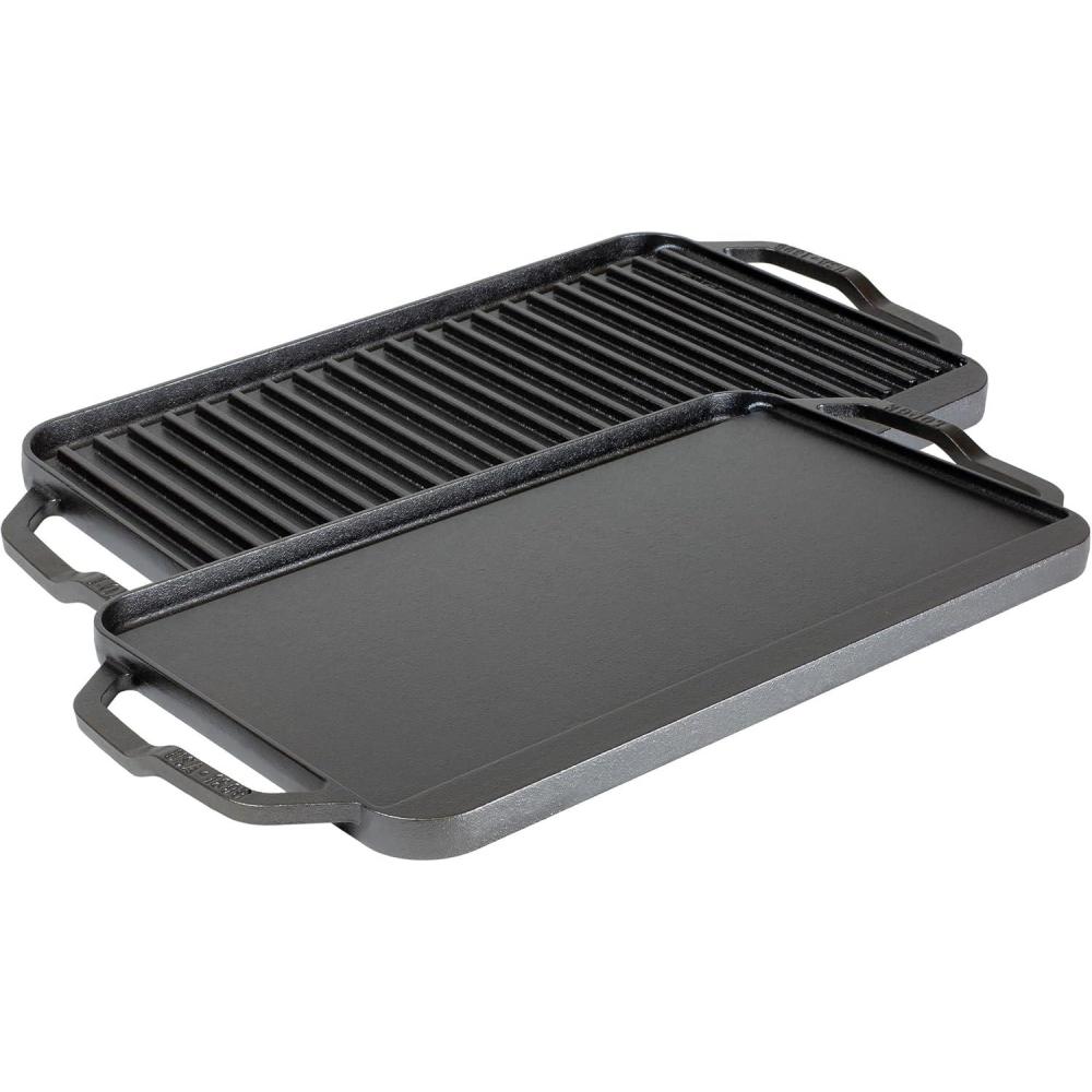 imageLodge 195 X 10 Cast Iron Reversible Grillgriddle  Double Burner Griddle  Indoor amp Outdoor Cooking  Superior Heat Retention  Reversible Grill Griddle  Made in the USA