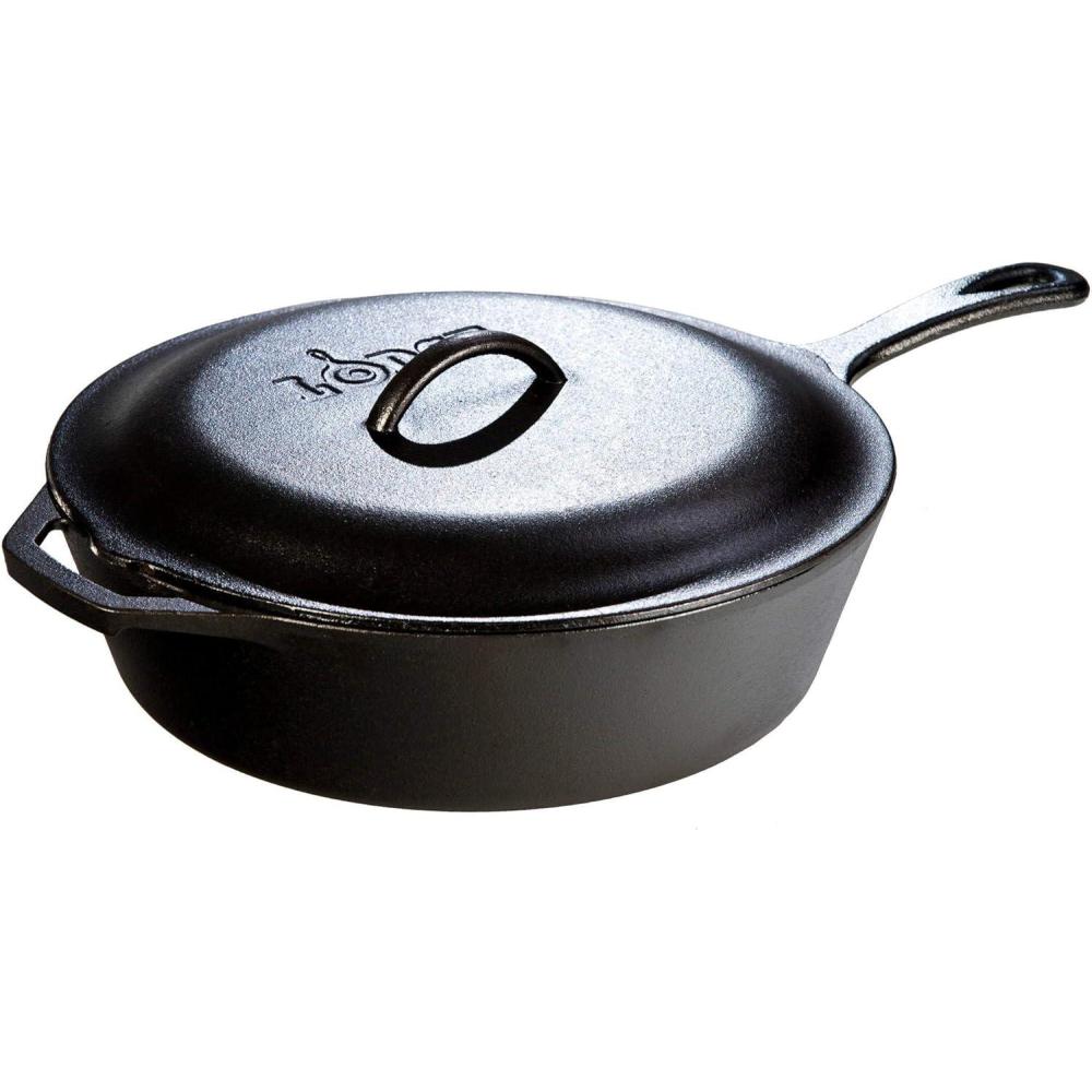 imageLodge 5 Quart PreSeasoned Cast Iron Deep Skillet with Lid  Signature Teardrop Handle amp Assist Handle  Use in the Oven on the Stove or Grill or Over a Campfire  Use to Sear Saut Bake Broil Braise Fry or Grill  Black