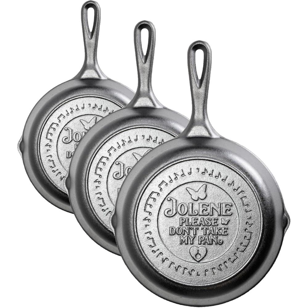 imageLodge 8 Inch Dolly Parton PreSeasoned Cast Iron Stamped Skillet  Signature Teardrop Handle  Use in the Oven on the Stove on the Grill or Over a Campfire  JoleneStandard Pack of 3