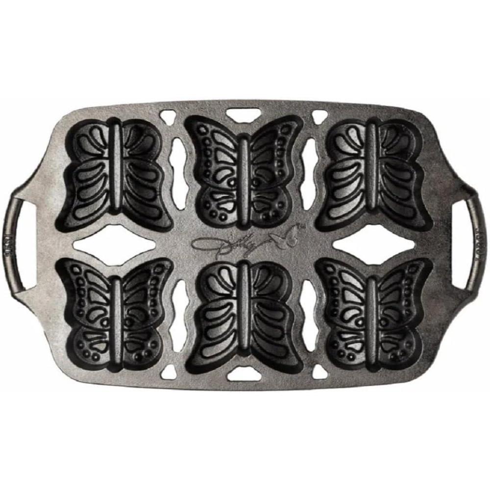 imageLodge Dolly Parton Cast Iron Butterfly Cake Pan  Makes Six Mini Butterfly Cakes Special Edition Bakeware Durable Naturally Seasoned 1418 x 85 x 137 In