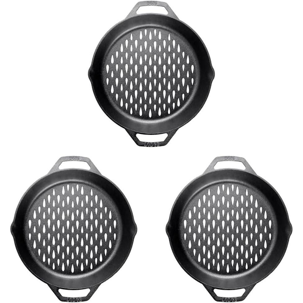 imageLodge PreSeasoned Cast Iron Round Grilling Pan  Use on the Grill  Grilling Pan Designed to Protect Food from Falling Through the Grate  Cast Iron 12 Inch12 Inch Pack of 3