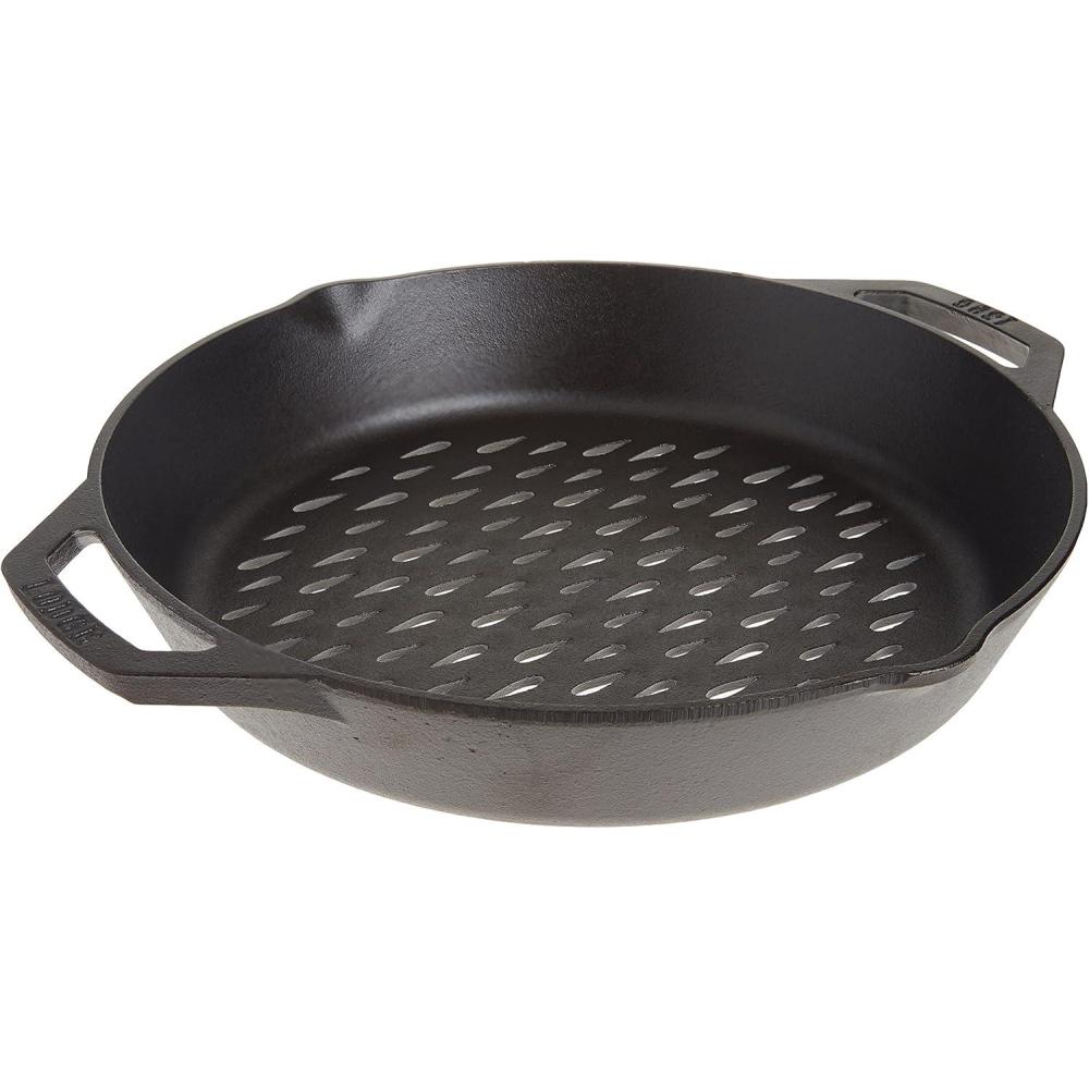 imageLodge PreSeasoned Cast Iron Round Grilling Pan  Use on the Grill  Grilling Pan Designed to Protect Food from Falling Through the Grate  Cast Iron 12 Inch12 Inch