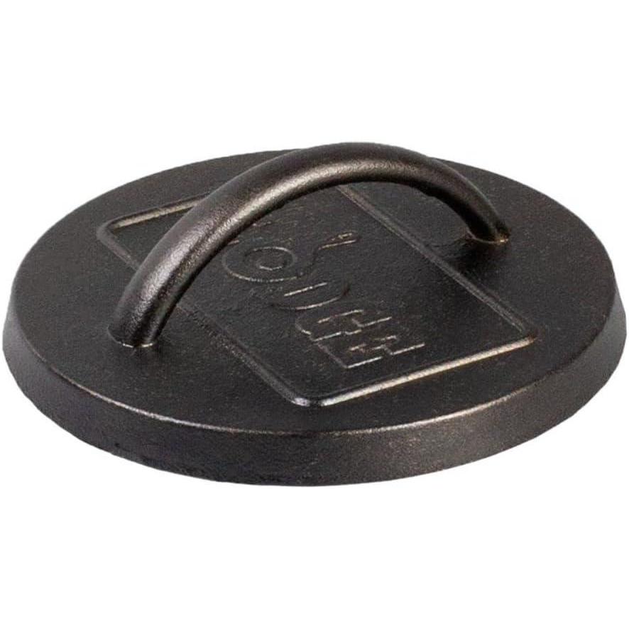 imageLodge PreSeasoned Round Cast Iron Press  Cast Iron Griddle Press for a RestaurantQuality Sear  Unparalleled Heat Retention  Use on the Stove or the Grill  625 Inch