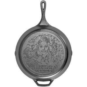 Lodge 13.25 Inch Dolly Parton Pre-Seasoned Cast Iron Stamped Skillet – Signature Teardrop Handle – Use in the Oven, on the Stove, on the Grill, or Over a Campfire – Clear Blue Morning