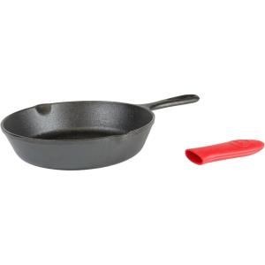 Lodge Cast Iron Skillet with Red Mini Silicone Hot Handle Holder, 8-inch(8 Inch)