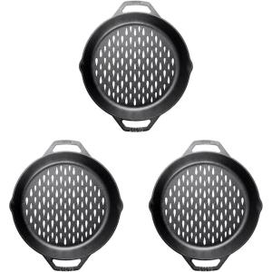 Lodge Pre-Seasoned Cast Iron Round Grilling Pan – Use on the Grill – Grilling Pan Designed to Protect Food from Falling Through the Grate – Cast Iron 12 Inch(12 Inch (Pack of 3))
