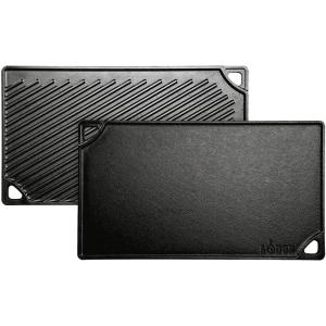 Lodge Reversible Cast Iron Grill/Griddle – 9.5 x 16.75 Inch Pre-Seasoned Cooking Surface – Flat & Ribbed Sides – Use on Stove, Grill, or Campfire – Made in the USA – Heavy-Duty, Black(16.8″ x 9.5″ x 0.6″)